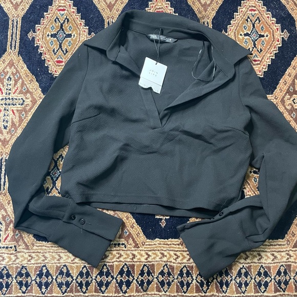Zara | Tops | Zara Crop Collar Polo Black Long Sleeve Shirt | Poshmark